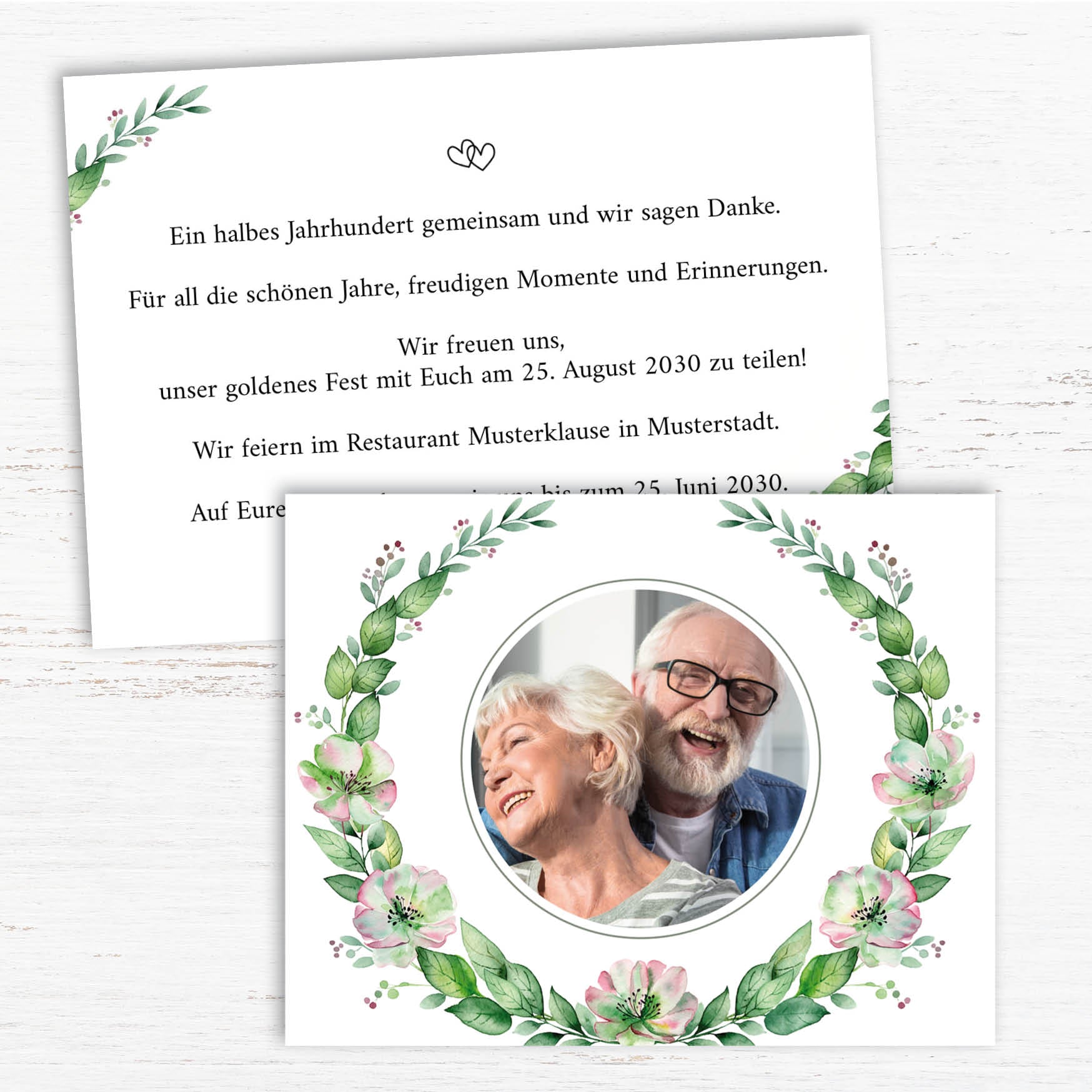 Einladung zur Goldenen Hochzeit: Zarte Blüten mit Foto